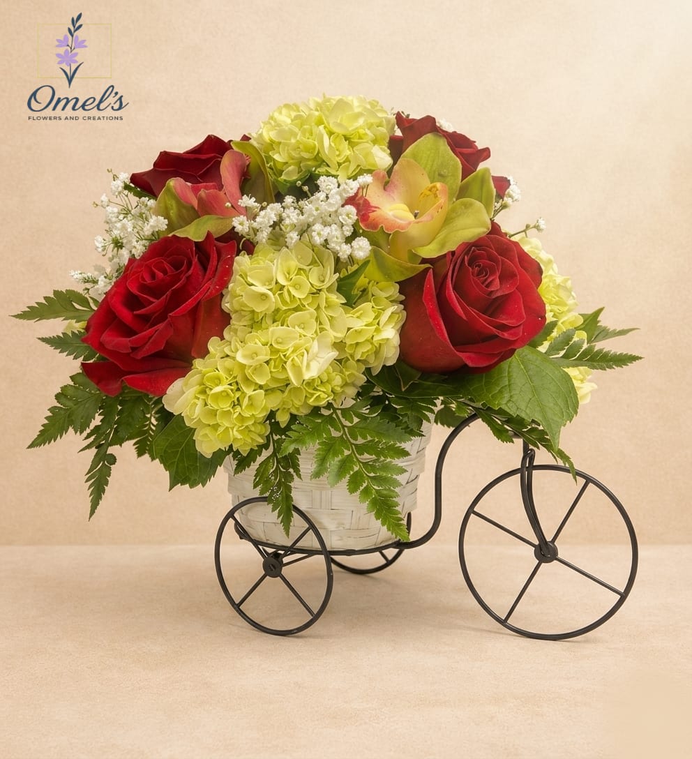Compact arrangement of red roses and green hydrangeas in a white basket on a metal tricycle stand