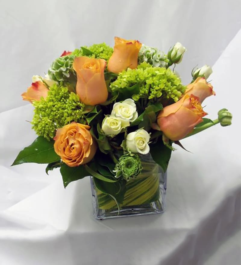 Stella's Joy - Welcome Autumn with a delightful arrangement of orange roses, white spray roses, green ranunculus, and hydrangeas. Compact design to accompany your desk, coffee table, or as a centerpiece. Cube glass vase leaf-lined.