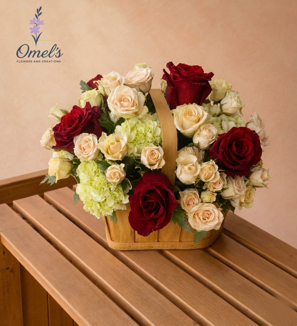Endless Love Basket - Add a touch of timeless sophistication to any occasion with this stunning basket arrangement that features a lush, abundant composition of vibrant red roses, delicate cream roses, and light green hydrangeas, nestled within a handcrafted, natural wood split-willow basket with a convenient handle.  This handcrafted masterpiece is perfect for a wide range of occasions as anniversaries; birthdays, a thoughtful gift for someone special. An elegant gesture to let them know "I am thinking of you". It also adds a natural and elegant charm to Weddind or Recepction Centerpiece. Finally, it is a beautiful addition to a new home, or just a touch for housewarming.