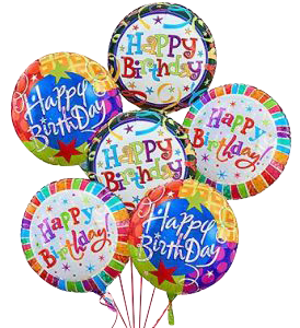 Cluster of colorful round Happy Birthday balloons with multicolored patterns