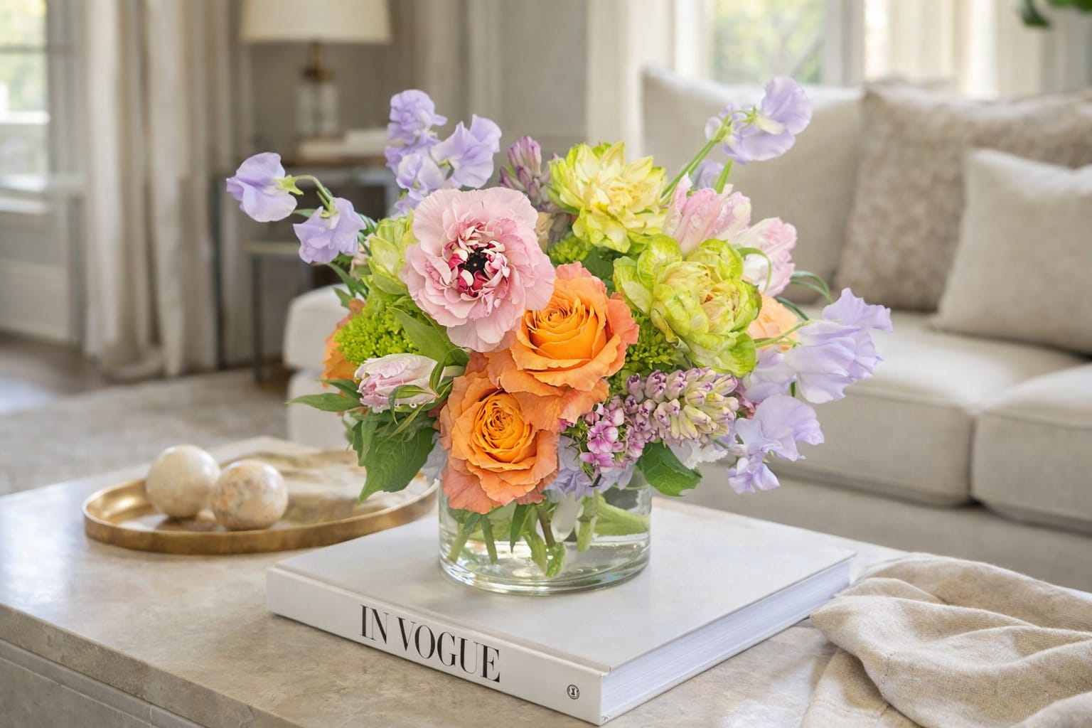 Jardin de Camellia - Fresh, Joyful and effortlessly refined.  Designed in a clear glass vessel, this lush composition features a curated blend of premium seasonal blooms in soft lavender, bold coral, blush, and fresh green tones.  