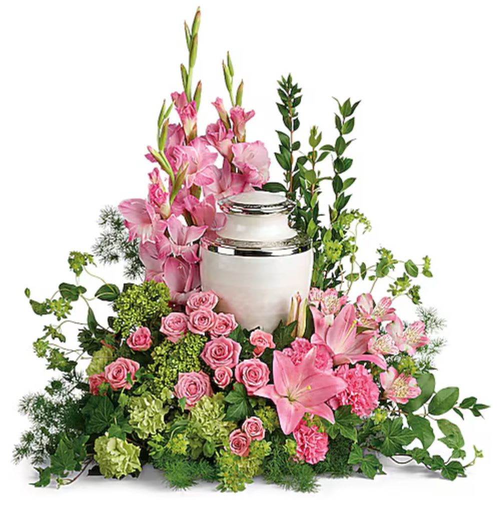 Sacred Solace - The Sacred Solace cremation tribute is a memorial arrangement designed to honor your loved one with shades of pink and green which symbolize love, grace and compassion.
