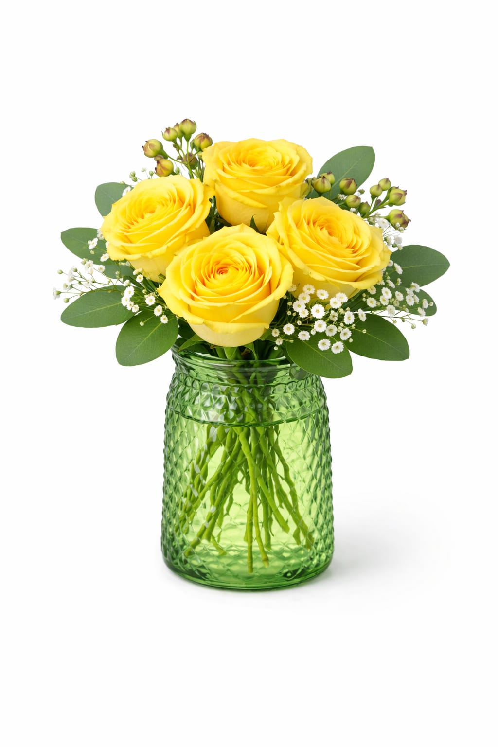 Signature Rose Vase Designer’s Choice Arrangement - A charming and elegant arrangement featuring four premium roses, beautifully accented with delicate baby’s breath and fresh greenery for a soft, natural touch. Designed in a modern textured vase that allows the stems to be visible, creating a fresh and contemporary presentation perfect for everyday gifting.   Better For: Spring, Mother’s Day, Women’s Day, Birthdays, Thank You, Love, Thinking of You, Friendship   Flower varieties, vase style, and color tones will be selected by our florist and may vary depending on seasonal availability. Our designers will carefully create a beautiful arrangement inspired by the same overall style and spring color palette.