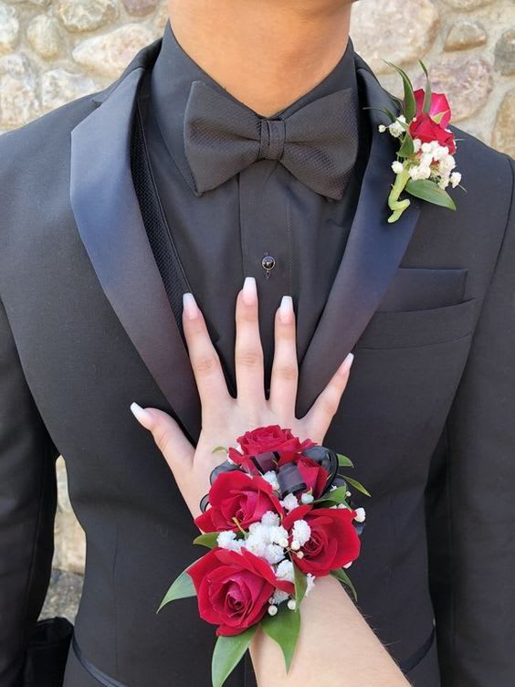 Rose Corsage &amp; Boutonniere Combo - Rose Color of your choice for both the corsage and boutonniere as well as a ribbon color of your choice. 