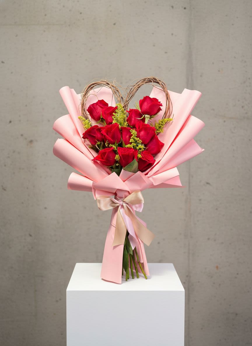 Sweetheart Rose Bouquet Wooden Heart - Our Sweetheart Rose Bouquet is designed to express love in the most elegant way. Featuring vibrant red roses arranged with a delicate heart detail, accented with soft greenery and wrapped in luxe pink waterproof paper, this bouquet is finished with a satin bow for a romantic touch. Perfect for anniversaries, Valentine’s Day, birthdays, proposals, or simply to say “I love you.” Rose count, colors, and greenery may vary slightly based on seasonal availability.