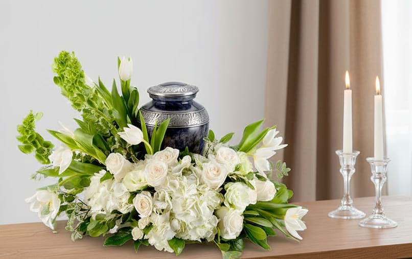 Serenity White – Urn Memorial Arrangement - Graceful and peaceful, Serenity White is a refined floral tribute designed to honor a life remembered with love.  This elegant urn arrangement features a serene palette of white roses, hydrangea, lisianthus, tulips, and Bells of Ireland, accented with fresh greenery for soft texture and natural movement. The all-white design symbolizes purity, remembrance, and everlasting peace, making it a meaningful tribute for memorial services, funeral ceremonies, and celebration-of-life gatherings.  Designed to surround and highlight a cremation urn, this arrangement creates a beautiful and respectful focal point for the memorial display.  Each sympathy arrangement is hand-designed at our floral studio in DeLand, Florida, using fresh seasonal blooms selected for quality and beauty.  We offer sympathy flower delivery throughout DeLand, Deltona, Orange City, Sanford, Lake Mary, Daytona Beach, and surrounding Central Florida communities.  Due to seasonal availability, some flowers may be substituted with blooms of equal beauty and value while maintaining the same color palette and overall design.  Same-day sympathy flower delivery available in DeLand, Deltona, Orange City, Sanford, Lake Mary and throughout Central Florida.