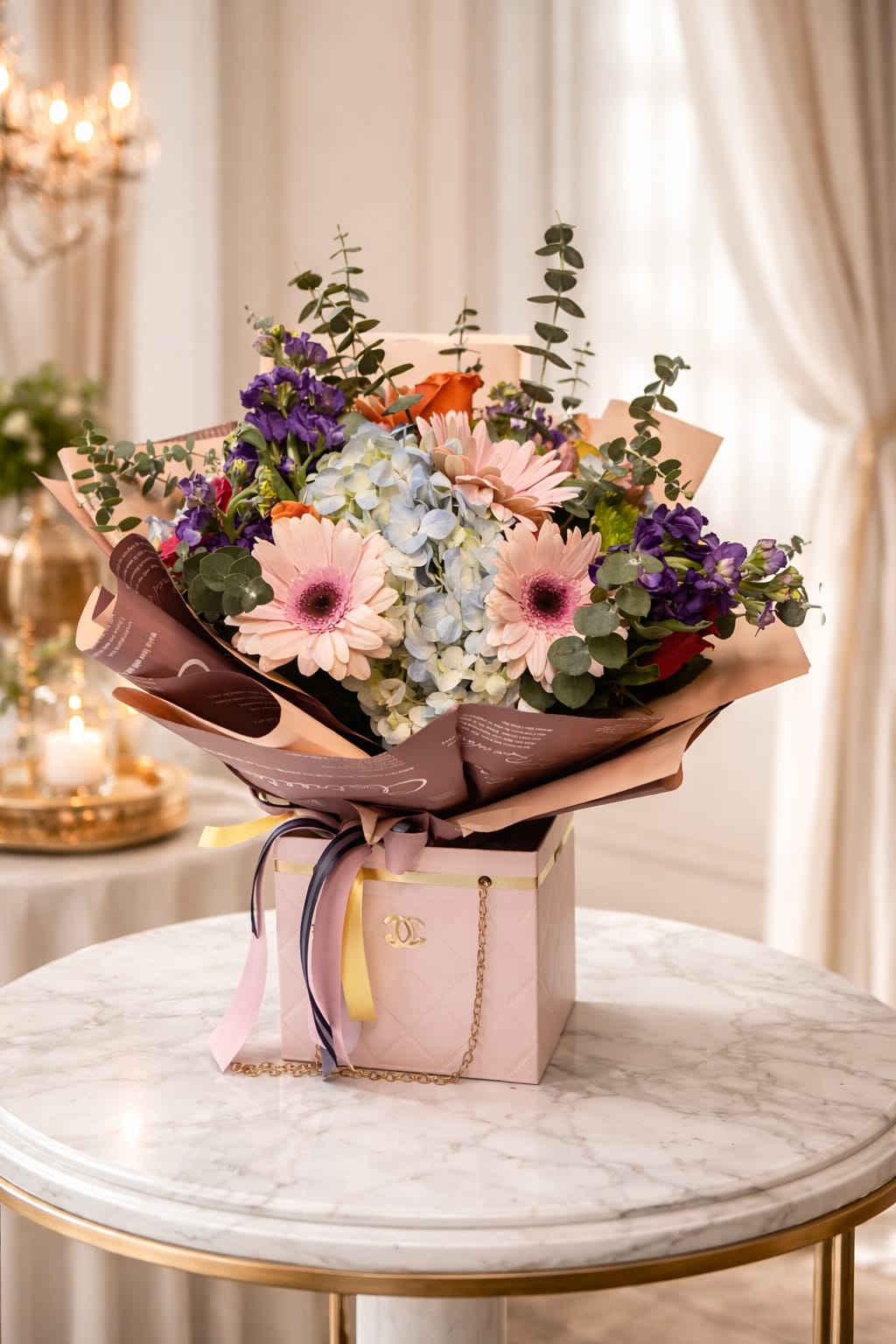 Sinfonia de colores - Es un bouquet elegante de un tamano moderado, es diferente al resto de nuestros bouquet. podria cambiarse algunos colores dependiendo lo que este disponible.