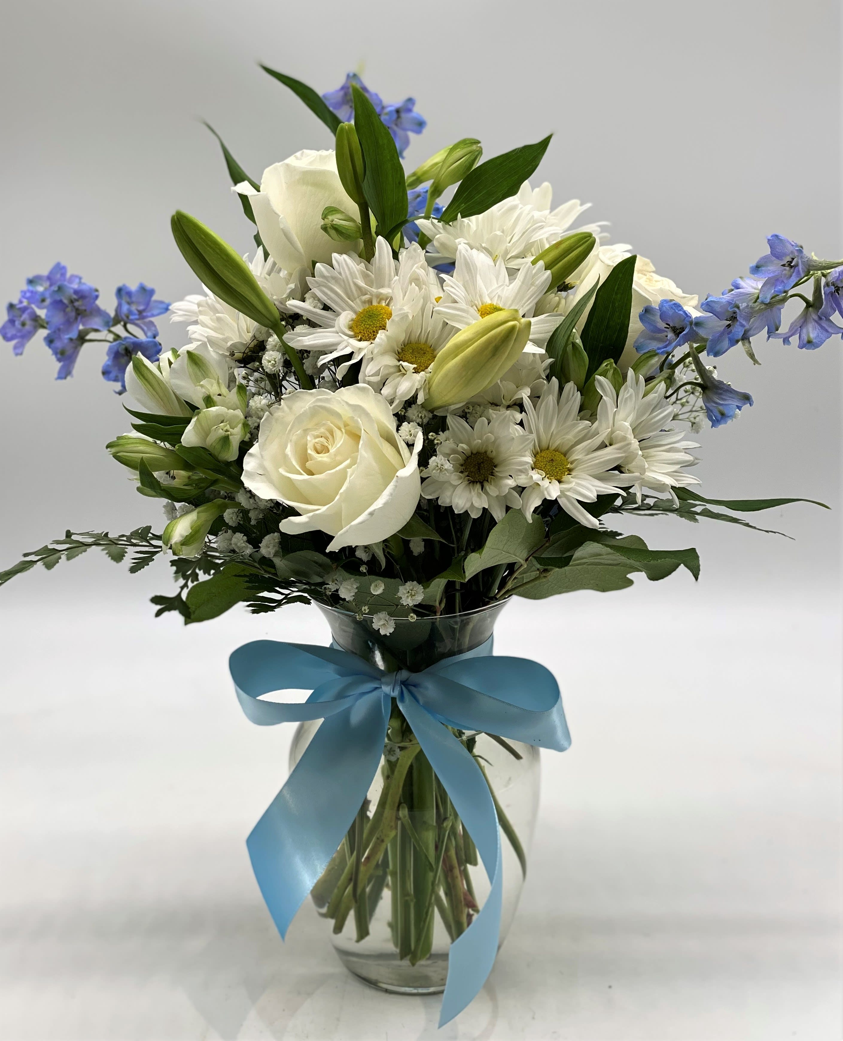 Bright in Blues - Blue and White Flowers for a Congratulations on a Baby Boy or any occasion where Blue is a favorite color!