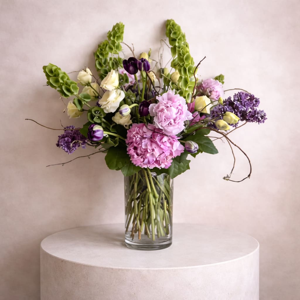 Garden Party  - A antique design filled with bells of Ireland, tulips, lisianthus, and peonies. 