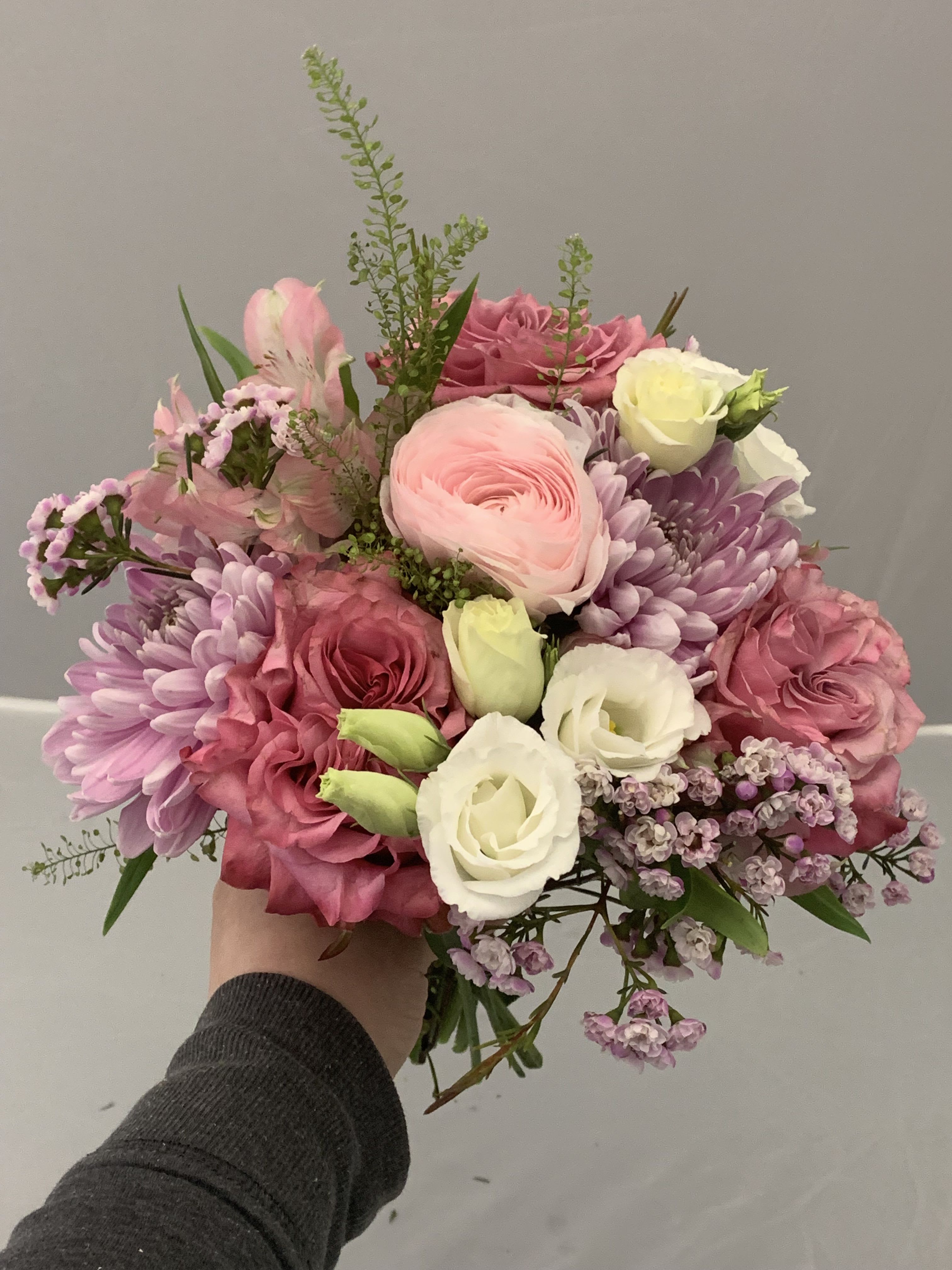 PROM BOUQUET- PINK  - MIXED DESIGNER CHOICE BOUQUET IN SHADES OF PINKS, LAVENDERS, WHITES 