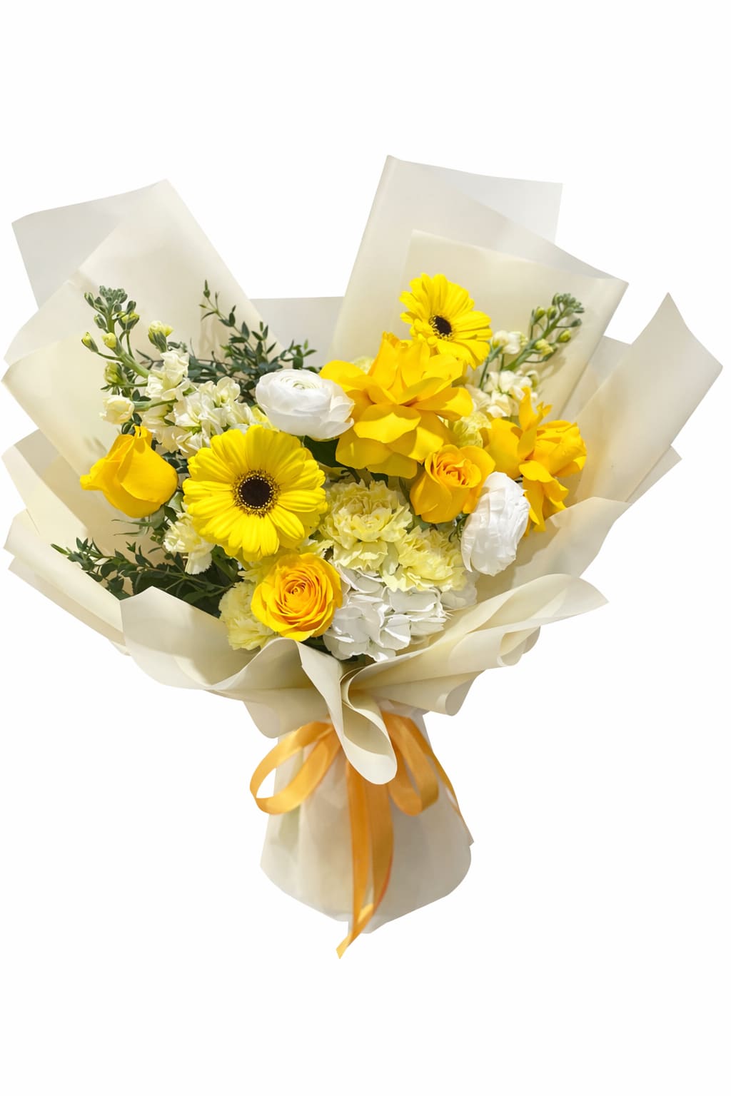 Golden Bloom Bouquet - This beautiful bouquet combines yellow carnations, 1 hydrangea, mini gerberas, ranunculus, white stock, and yellow roses, creating a fresh, radiant, and sophisticated arrangement. Its yellow and white tones convey joy, warmth, and elegance, making it perfect for special occasions or to brighten someone’s day with a charming floral gift. 