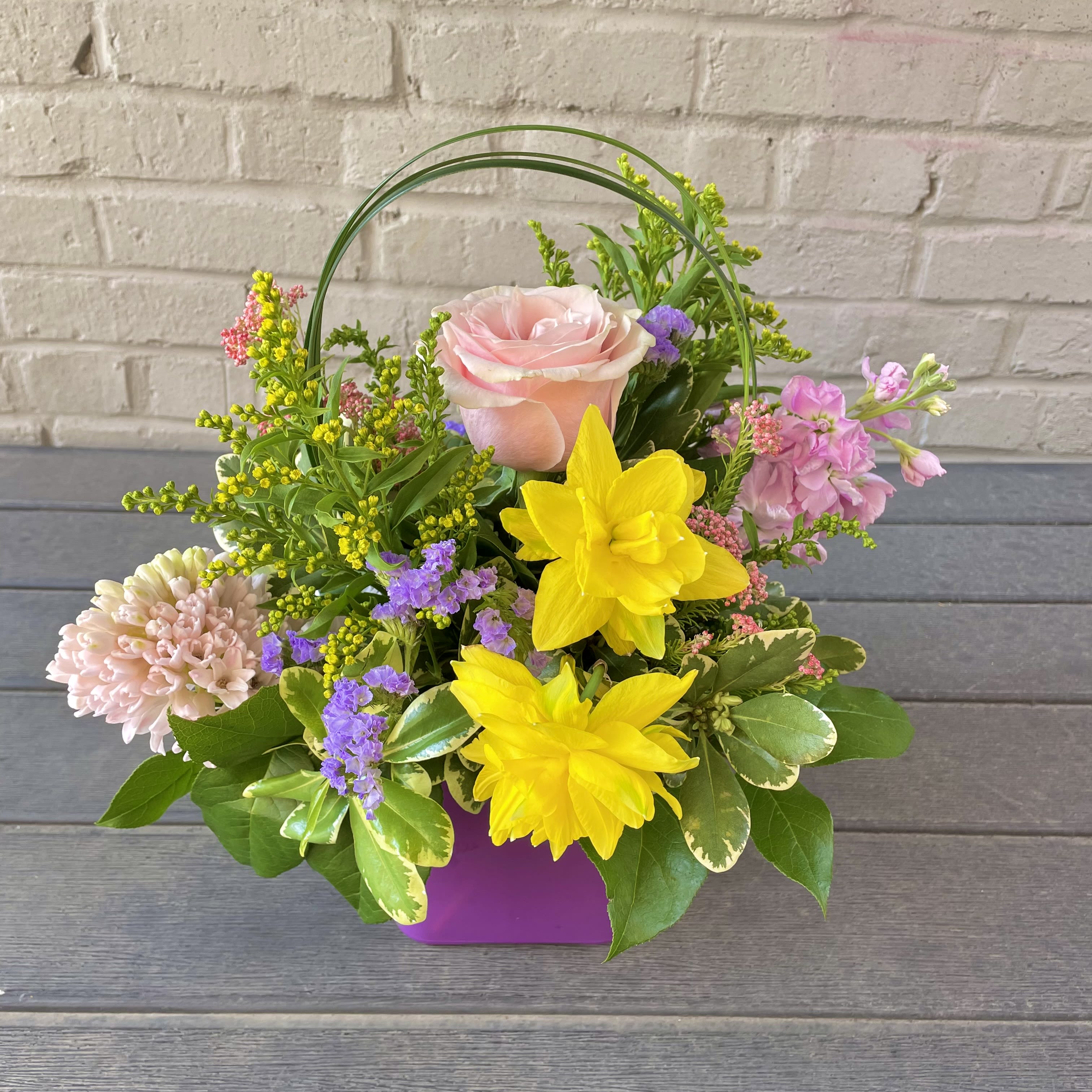 ~Spring Dew ~ - The '~Spring Dew~' is a fragrant arrangement full of joyful springtime flowers such as Daffodils, Hyacinth, Rose, Stock, Rice Flower and Solidago. This pastel seasonal inspired piece will bring a smile to your face, just a Spring dew of the morning.    