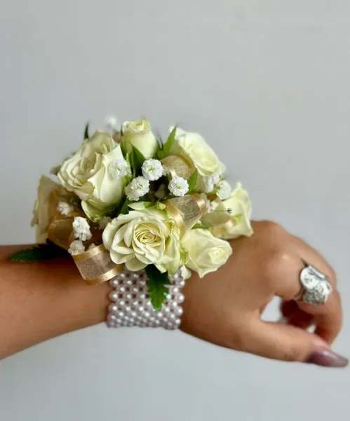  Lolita Corsage - White Spray Roses, Baby's Breath organza ribbon and elastic white synthetic pearls bracelet.