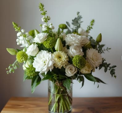 Designer's Choice - Simply White - A bouquet of in season flowers in a variety of whites and greens.