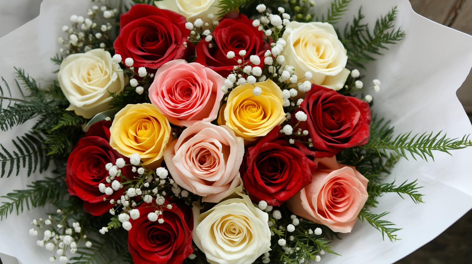 Dozen Roses Wrapped with Baby's Breath - One dozen roses in a variety of available colors with baby's breath and greenery.  For color availability or special requests please call the shop directly!