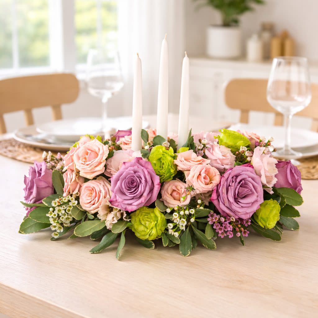 Springtime Supper  - Make any table beautiful with Springtime Supper by BloomNation™. Featuring a variety of roses and three white dinner candles, this centerpiece is lovely to look at from any seat at the table . Send it as a housewarming gift or for somebody's holiday dinner.  APPROXIMATE DIMENSIONS 20" W X 13" H