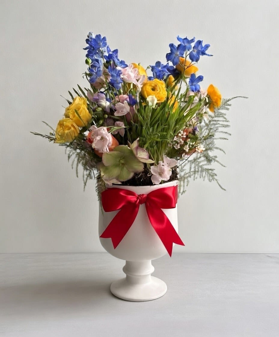 Spring (Nowruz) - Blue/purple tall spikes — These are delphinium flower. They provide dramatic vertical height and intense blue color, acting as the tallest. ﻿﻿Yellow/orange cup-shaped flowers (prominent round, layered petals) - These are ranunculus (Persian buttercups). 