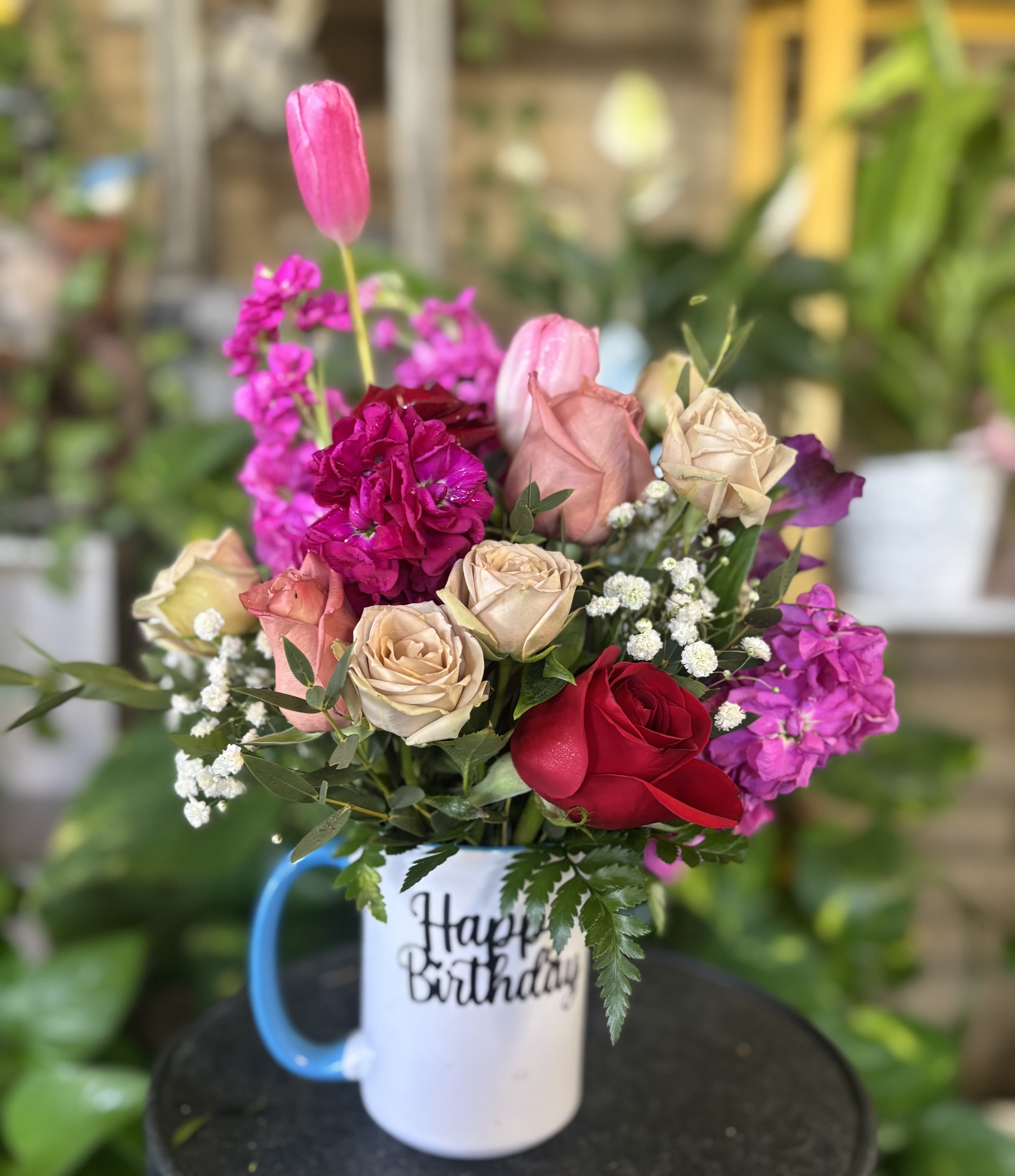 Happy Birthday MUG  - Fresh flowers in coffee mug 
