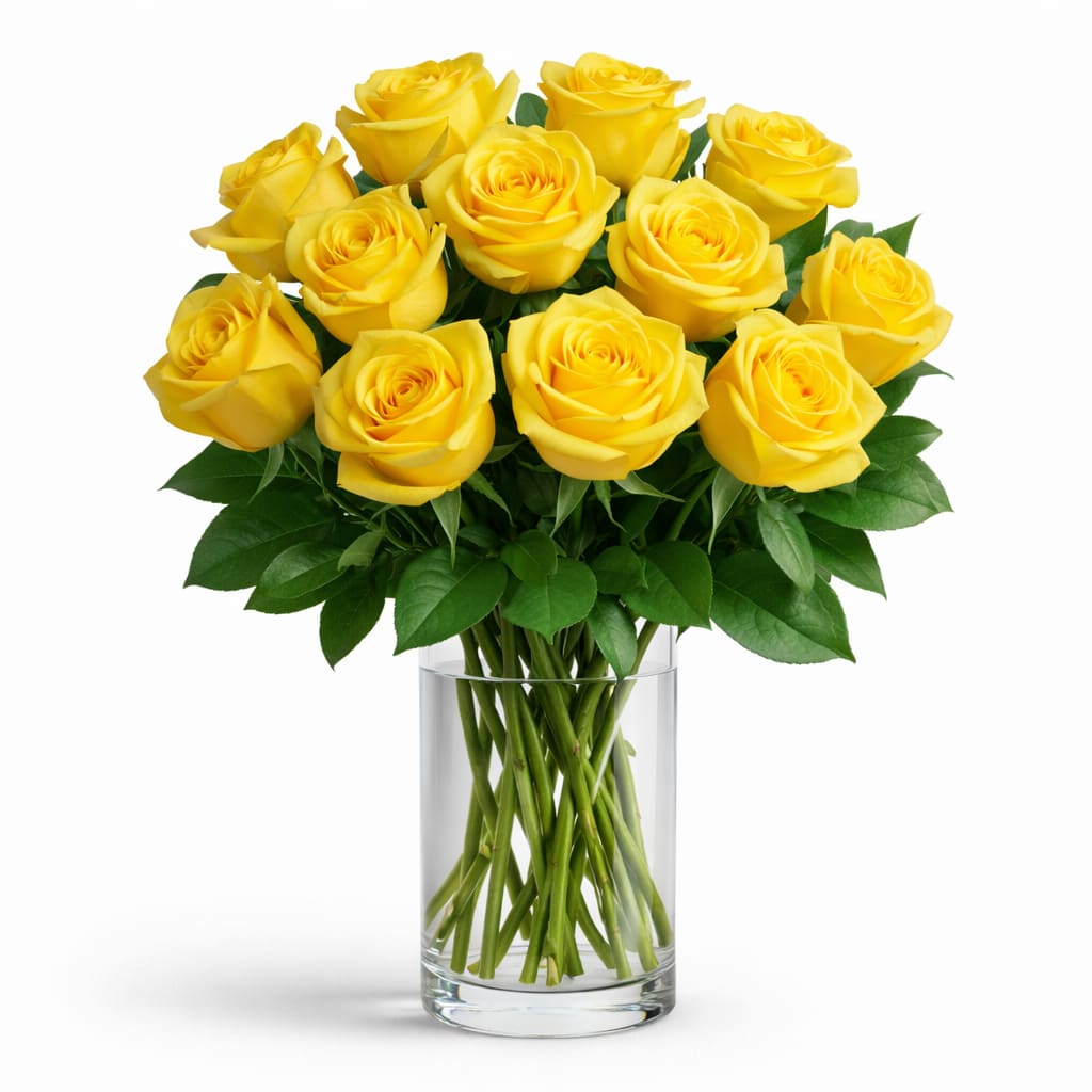 Sunny Day Dozen - Twelve yellow roses arranged with fresh greens.  