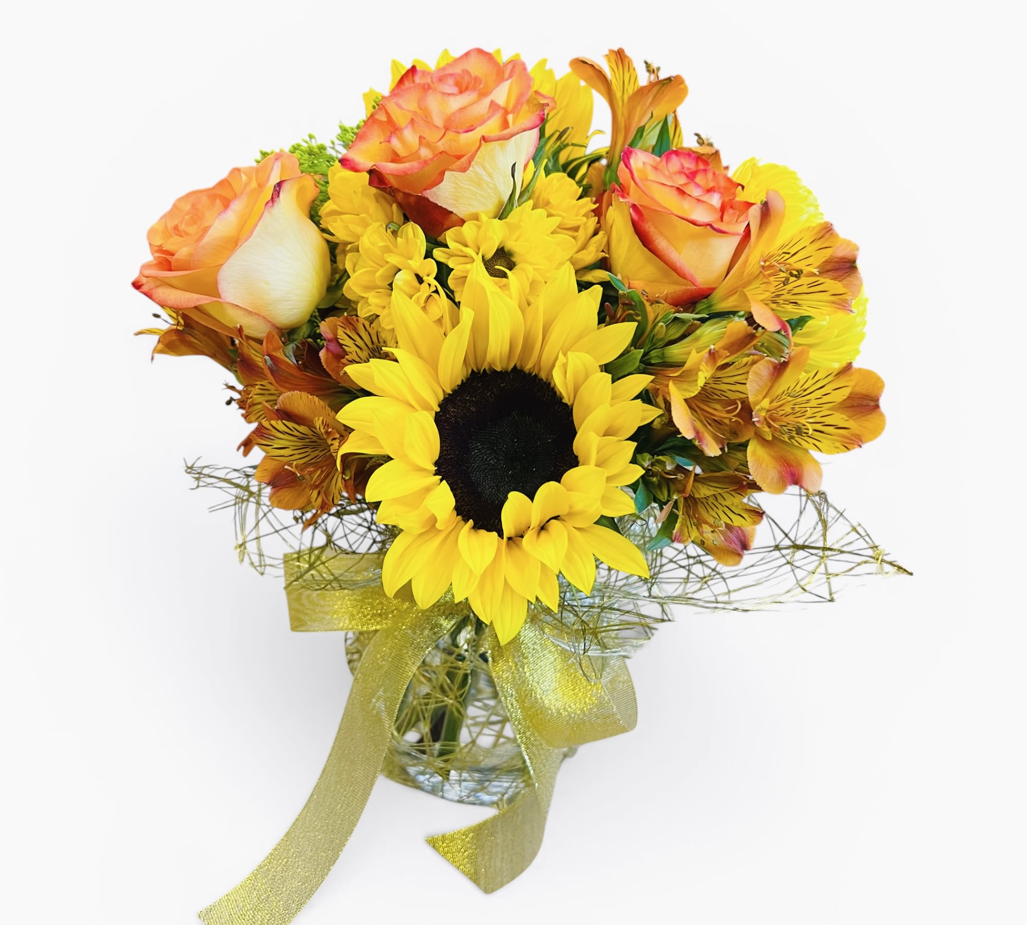 Sun kissed  - Sunshine in a vase ️  This vibrant arrangement bursts with cheerful sunflowers, warm peach roses, and lively alstroemeria, accented with fresh greenery and finished with a golden ribbon for a bright, uplifting touch.  Perfect for birthdays, celebrations, or sending a little happiness and positive energy to someone special. 