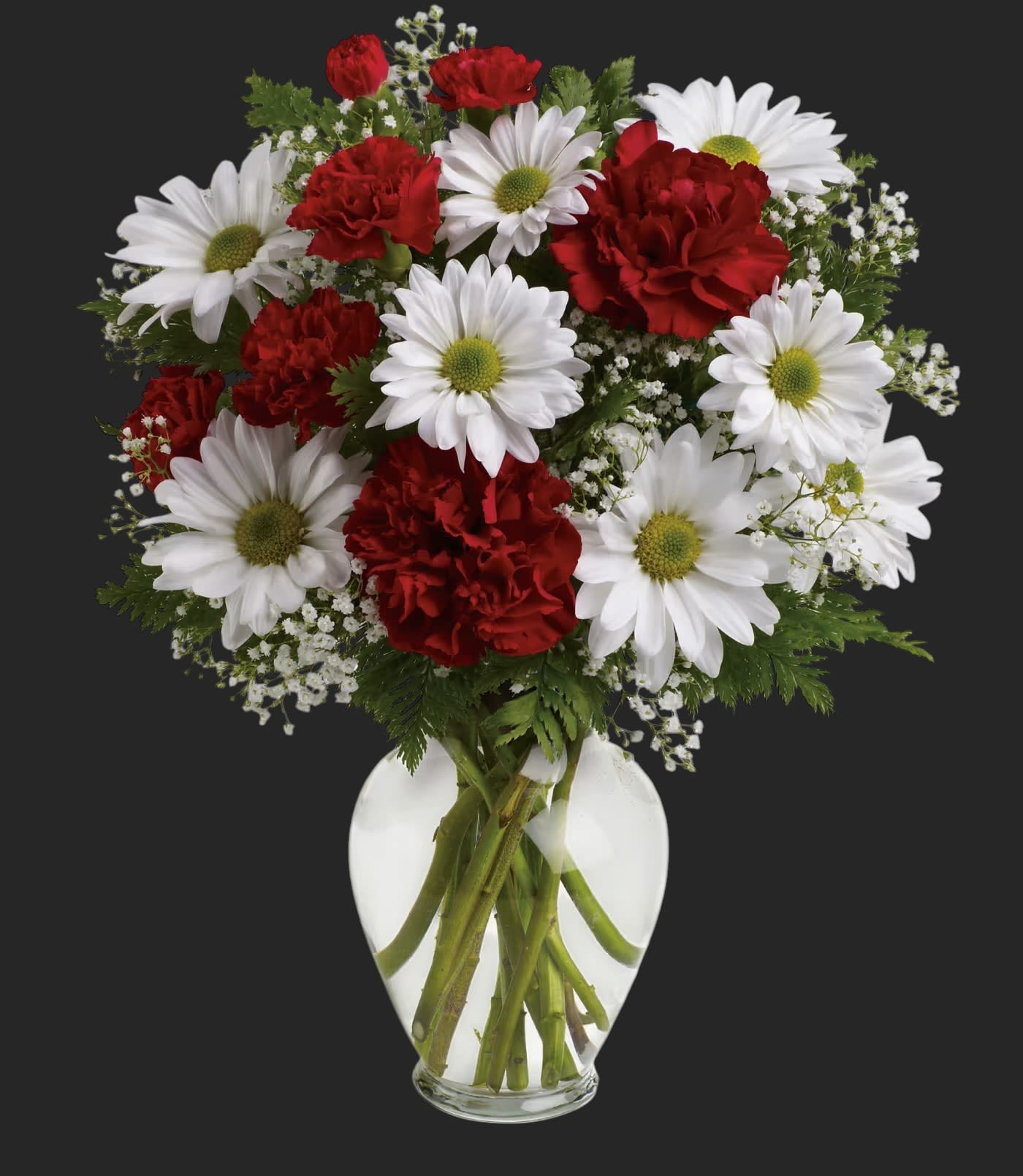 Kindest Heart Bouquet - A special show of kindness, on Valentine's Day or any day of the year! This eye-catching arrangement of red carnations, white daisies and delicate baby's breath will surprise and delight your special someone - and remain a treasured memory for years to come.