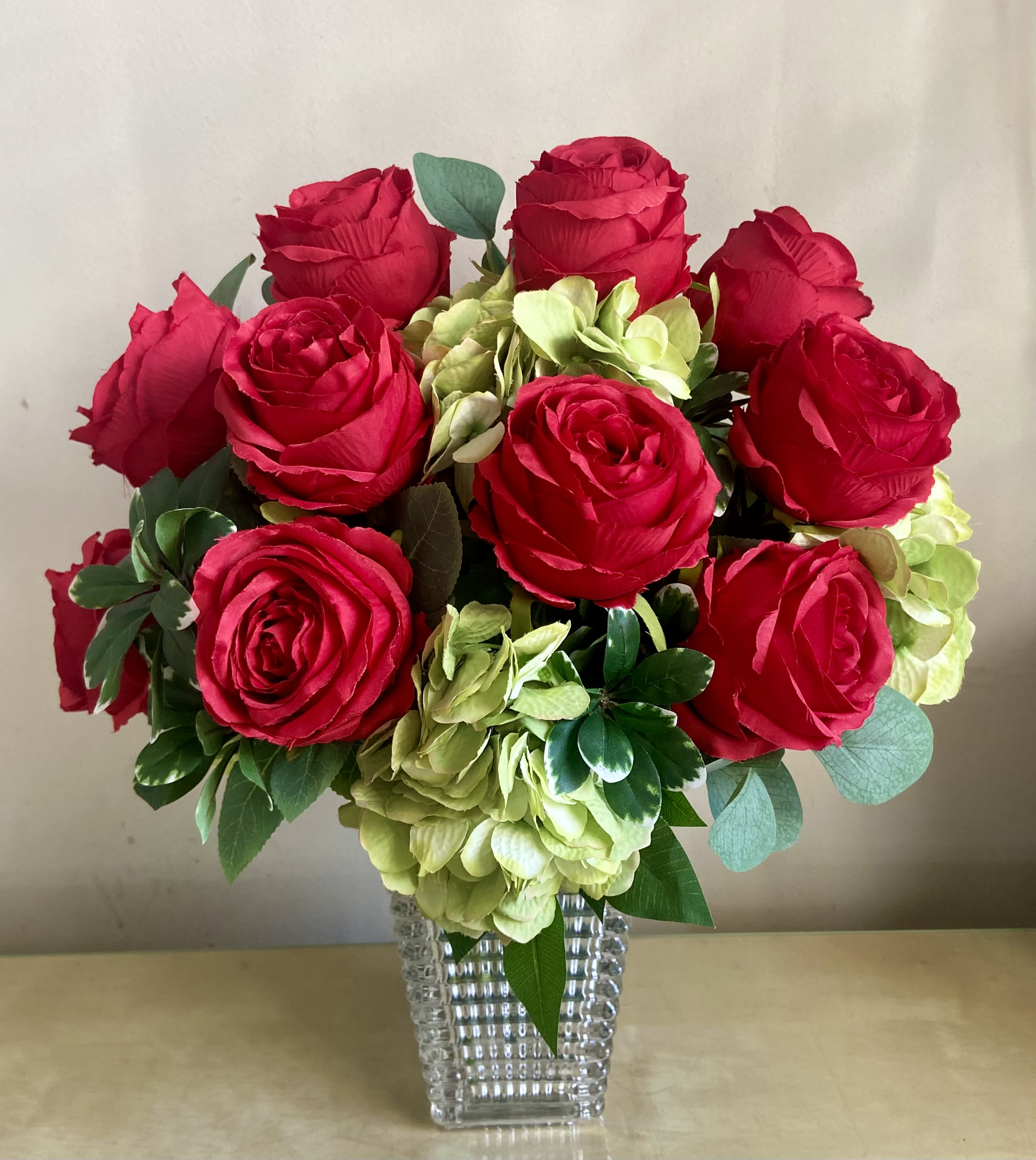 Forever Yours - Silk Floral Arrangement - Amazing high quality Silk arrangement with 12 red roses in a bed of green hydrangea. Great Valentine’s, Anniversary or Love You gift that brings endless joy.