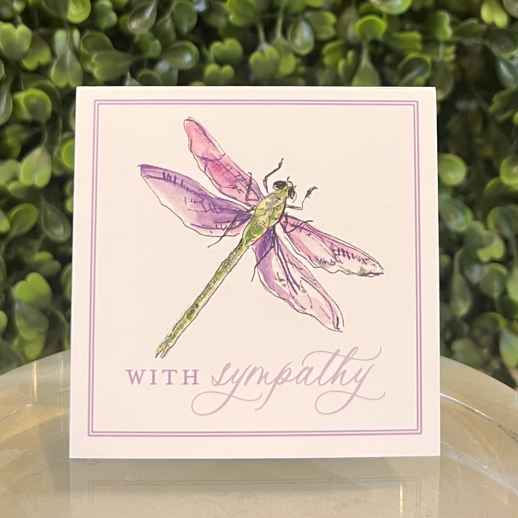 Square sympathy card with watercolor dragonfly and purple text