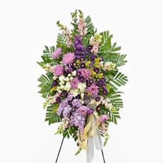 Purple Tribute Standing Spray - Purple Tribute Standing Spray | Wilmington, Delaware Funeral Flowers Celebrate a beautiful life with our Purple Tribute Standing Spray, a graceful and heartfelt arrangement handcrafted by Petals Flowers and Fine Gifts in Wilmington, Delaware. This stunning funeral spray features rich dark purple and soft lavender flowers blended with elegant white blooms and lush green palm, all thoughtfully arranged on a standing easel for a dignified display at any funeral, memorial, or celebration of life service.  The Purple Tribute Standing Spray is a symbol of admiration, peace, and remembrance. Its soothing color palette—featuring royal purples, soft lavenders, and classic whites—offers comfort and conveys deep sympathy during times of loss. Designed to stand tall and serene, this arrangement brings beauty and grace to any service.  As your trusted local florist in Wilmington, Delaware, Petals Flowers and Fine Gifts specializes in meaningful, handcrafted funeral flowers designed with care and compassion. We provide same-day, tax-free flower delivery to funeral homes, churches, and residences across Wilmington, Newark, Hockessin, Chadds Ford, Glen Mills, Kennett Square, and nearby communities.  Why Choose Petals Flowers and Fine Gifts?  * Custom, luxury funeral and sympathy flower designs * Locally owned florist with exceptional service and attention to detail * Same-day, tax-free delivery throughout Wilmington and surrounding areas 