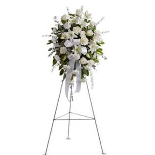 White Standing Tribute Spray - White Standing Tribute Spray | Wilmington, Delaware Florist  Honor a life of purity, peace, and grace with our White Standing Tribute Spray, thoughtfully designed by Petals Flowers and Fine Gifts in Wilmington, Delaware. This elegant funeral arrangement features a lush array of white roses, white lilies, white hydrangea, and white snapdragons, accented with fresh greenery and additional seasonal white blooms. Presented on a standing easel and finished with a classic white bow, this design offers a timeless and heartfelt tribute for funeral or memorial services.  Whether displayed at a church, funeral home, or graveside service, the White Standing Tribute Spray offers a serene expression of sympathy, remembrance, and support.  As your trusted local florist in Wilmington, Delaware, we specialize in custom sympathy flowers delivered with care. We proudly offer same-day, tax-free delivery throughout Wilmington, Hockessin, Newark, Chadds Ford, Glen Mills, Kennett Square, and surrounding communities.  Why Choose Us?  * Elegant, handcrafted funeral flowers tailored with meaning * Locally owned and operated florist in North Wilmington, DE * Reliable, same-day delivery with personal attention to every order 