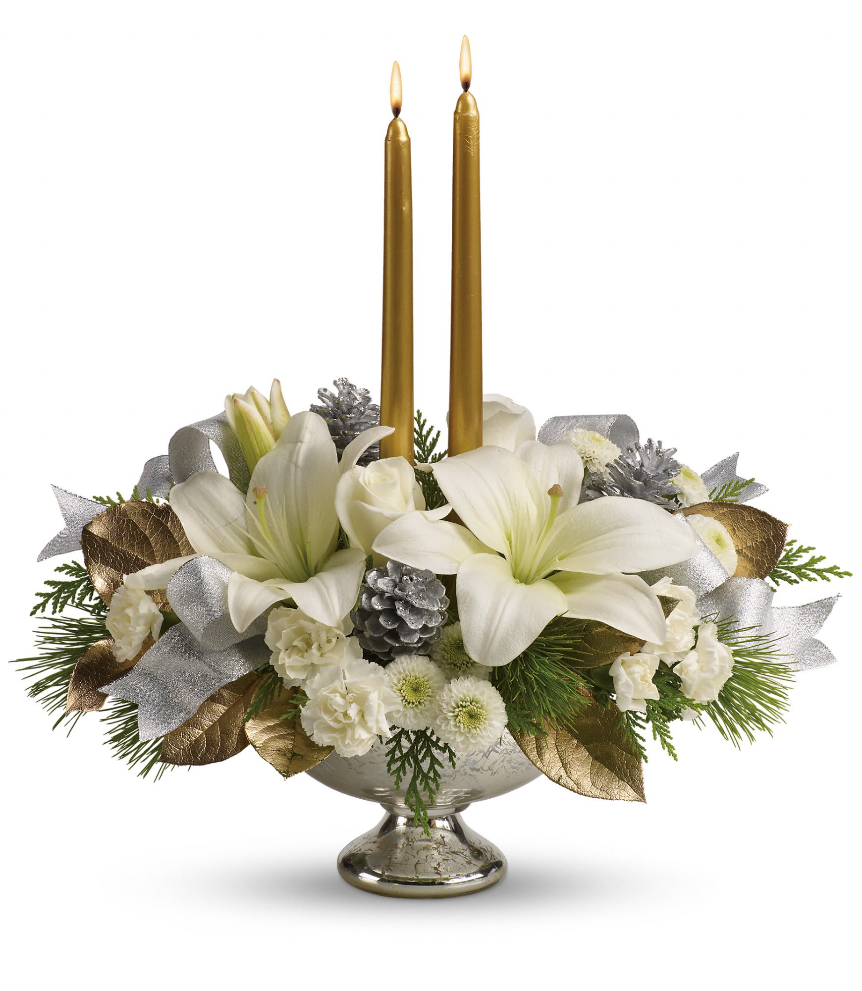 Teleflora's Silver And Gold Centerpiece - Inspired by the magic of the first snow, this elegant centerpiece of pure white lilies and winter greens, arranged in a stunning mercury glass bowl makes a fresh, fragrant addition to your holiday table, or a breathtaking gift for someone special.    This stunning arrangement includes white roses, white asiatic lilies, white miniature carnations, white button chrysanthemums, flat cedar, white pine and lemon leaf, accented with small silver pinecones, gold taper candles and silver ribbon. Delivered in an exclusive Mercury Glass bowl.     Approximately 16" W x 16" H    Orientation: All-Around    As Shown : TWR09-1A  Deluxe : TWR09-1B  Premium : TWR09-1C