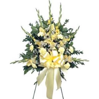 Yellow Standing Tribute Spray - Yellow Standing Tribute Spray | Wilmington, Delaware Florist  Celebrate a life filled with warmth and light with our Yellow Standing Tribute Spray, expertly arranged by Petals Flowers and Fine Gifts in Wilmington, Delaware. This uplifting funeral spray features soft yellow flowers beautifully complemented by delicate white accent blooms and fresh greenery. Arranged on a standing easel and finished with a coordinating yellow ribbon, this elegant tribute offers a gentle and heartfelt expression of sympathy.  Ideal for funeral homes, churches, or memorial services, the Yellow Standing Tribute Spray brings comfort and remembrance while honoring a loved one with grace and serenity.  As your trusted local florist in Wilmington, Delaware, we take pride in designing custom sympathy arrangements with fresh, premium blooms and careful attention to detail. We offer same-day, tax-free delivery throughout Wilmington, Hockessin, Newark, Chadds Ford, Glen Mills, Kennett Square, and nearby communities.  Why Choose Us?  * Thoughtfully crafted funeral flowers with timeless beauty * Family-owned flower shop in North Wilmington, DE * Prompt, professional delivery with compassionate service
