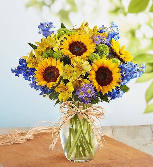 Fields of Europe for Summer - seasonal arrangement of fresh sunflowers, delphinium and more, hand-gathered inside a clear glass vase tied with raffia, as a nod to rustic European style.