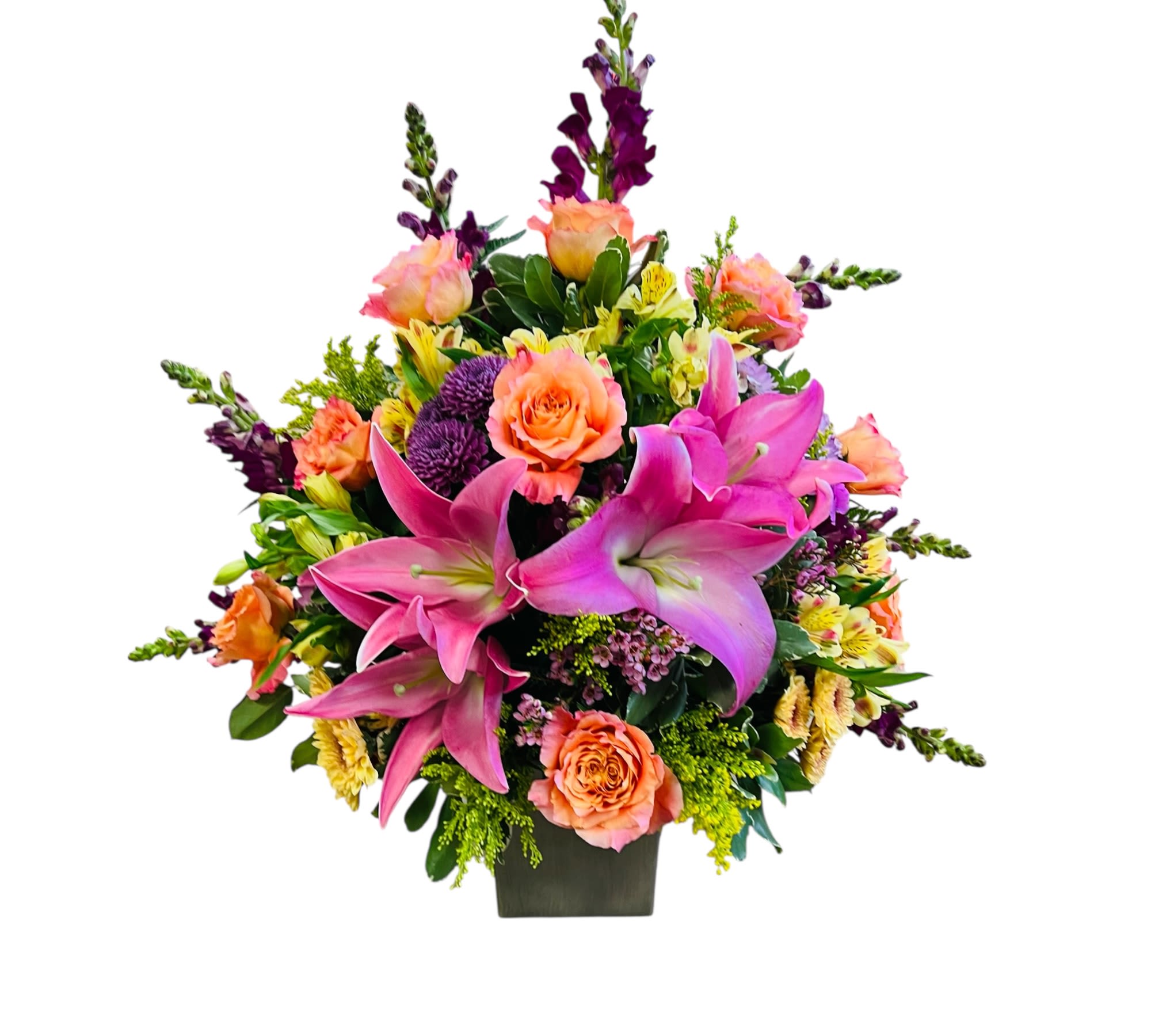 Extra Large flowers arrangements - Bursting with pink lilies, orange roses, purple chrysanthemums, and a splash of assorted greenery.