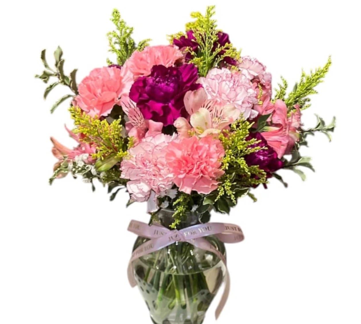 Carnations vase arrangement - Elevate any space with our Carnations vase arrangement. This stunning bouquet features vibrant carnations elegantly displayed in a vase with a ribbon. Perfect for any occasion.
