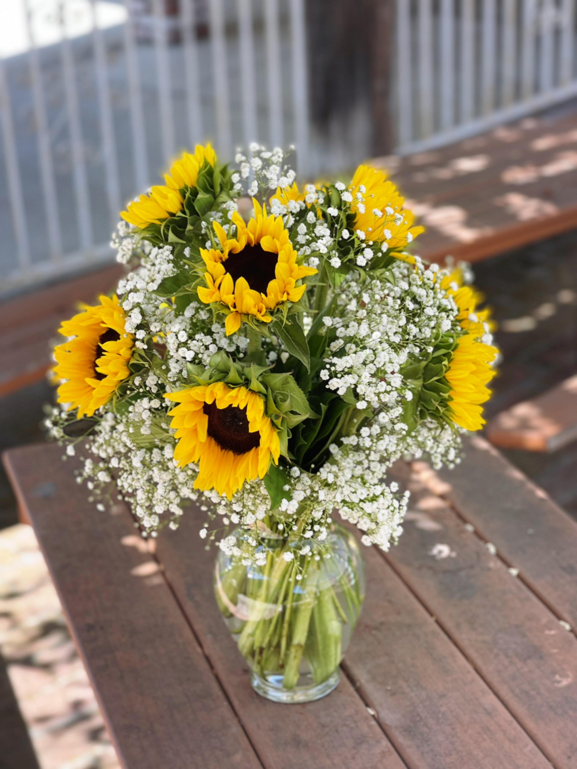 Sunflowers Bouquet - - 10 Sunflowers - Baby Breath - 11 inches Garden Vase
