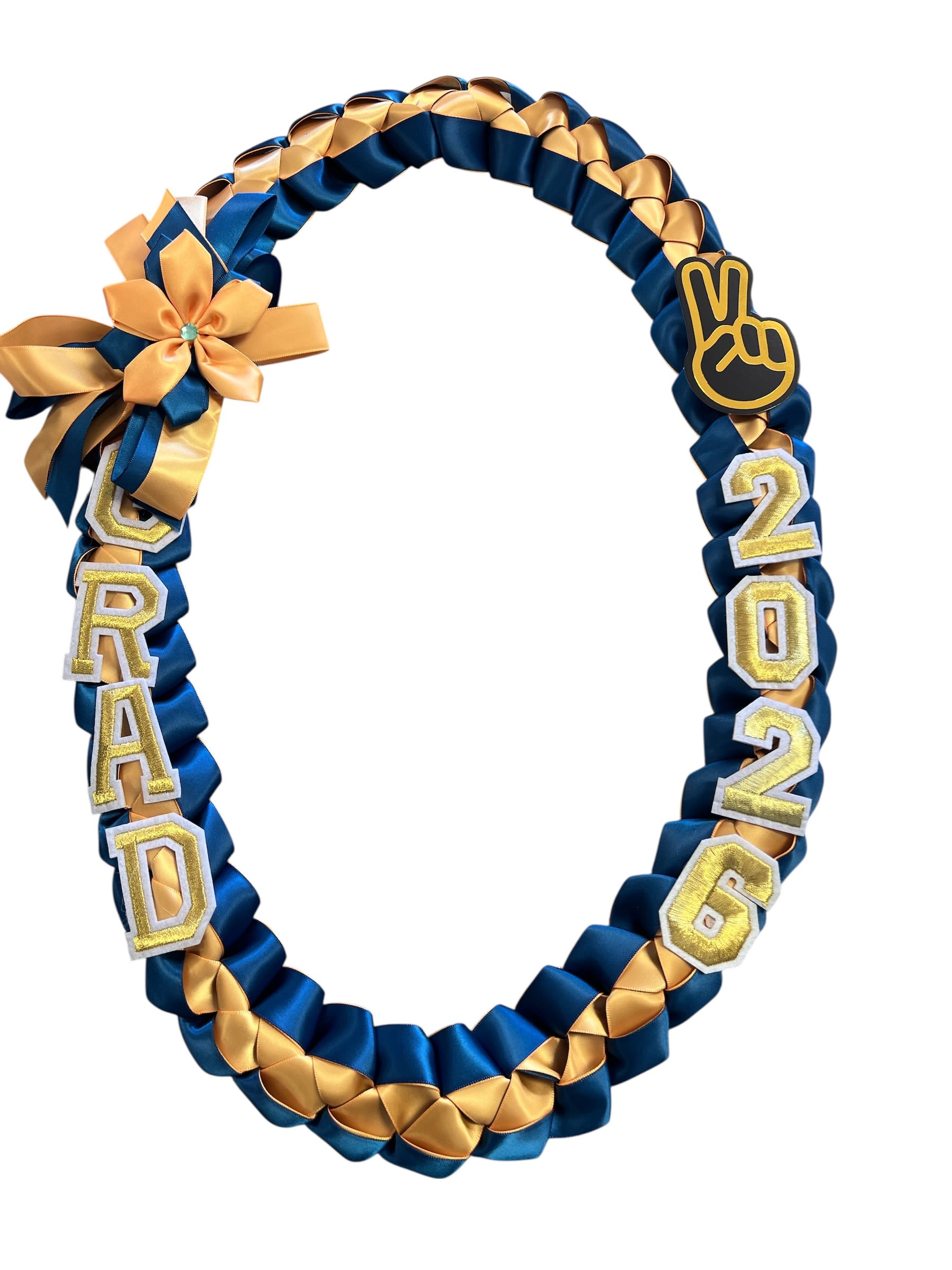 Class of 2026 grad - Elegant blue and gold ribbon lei adorned with “GRAD 2026” lettering and a decorative bow, celebrating the Class of 2026.