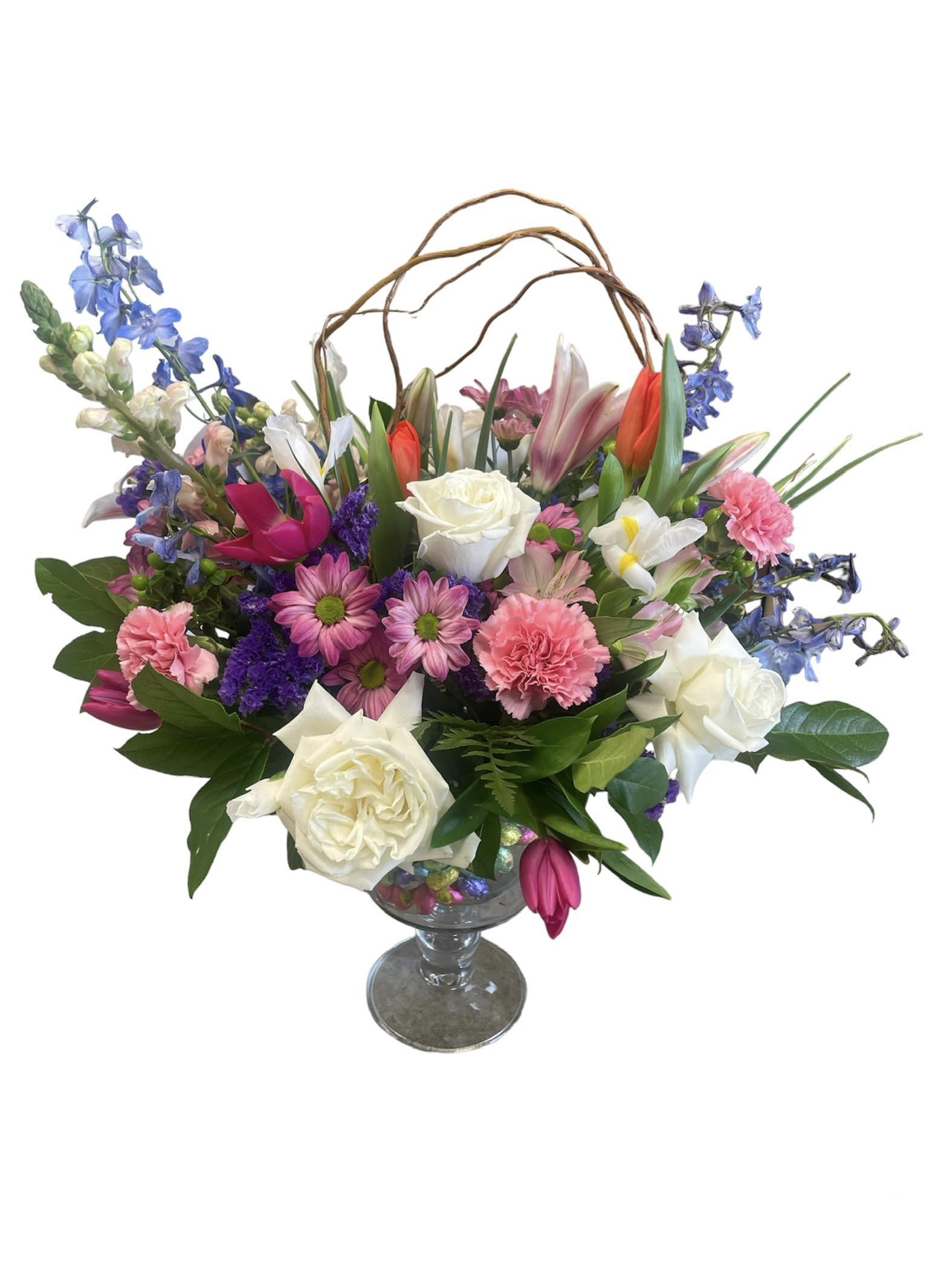 Easter Celebration - Celebrate Easter with a nice colorful spring fresh flower centerpiece, delivered in a clear glass stand vase, decorated with elements of Easter.