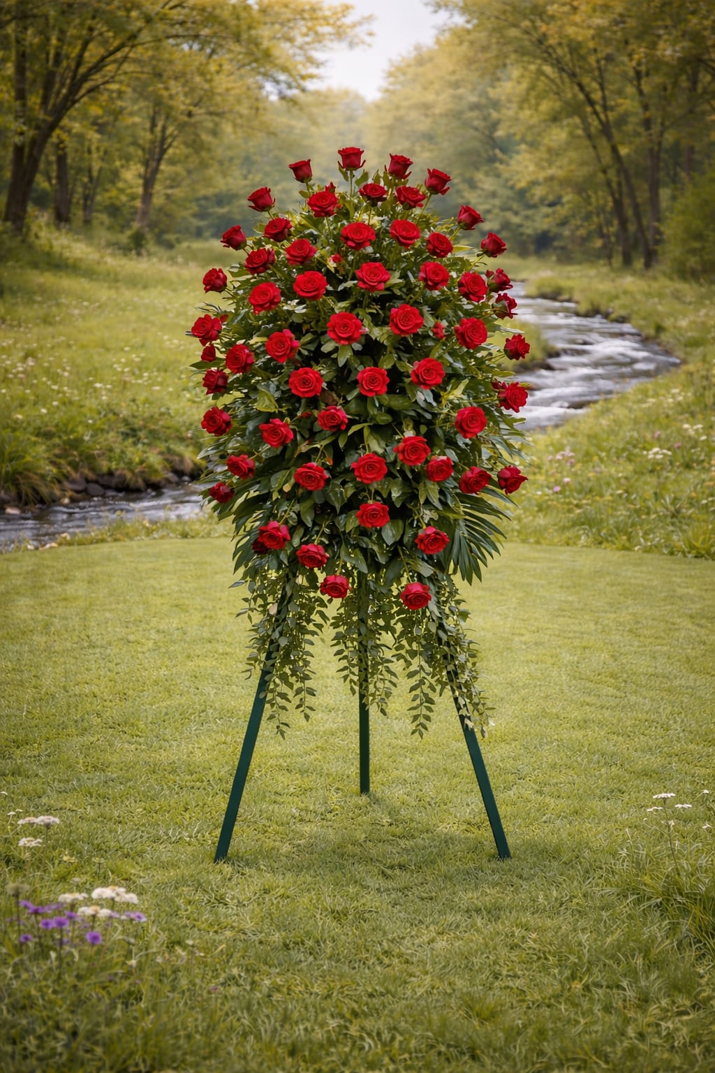 K647 Timeless Tribute Red Rose Easel - .Red roses are the ultimate expression of love, perfect for honoring a spouse, a parent, or a child. Their warm and soft petals exude an emotion that is often hard to express, providing a heartfelt farewell to that dear special person. In times of loss, red roses convey a depth of love and emotion that words alone cannot capture, making them an ideal choice for paying tribute to the ones who have touched our hearts so deeply. Let the timeless beauty of red roses offer comfort and a perfect farewell to those who meant the world to you.