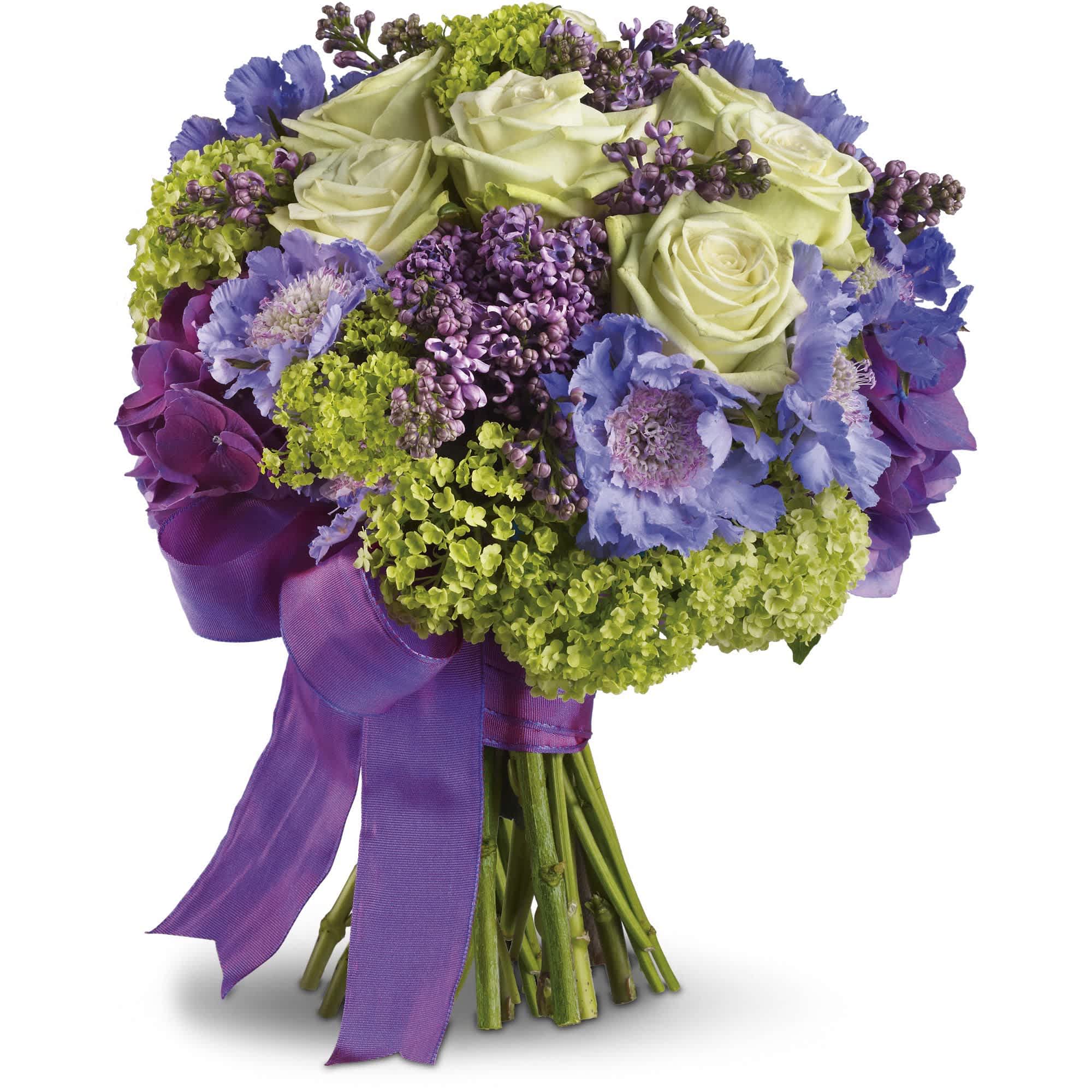 Martha's Vineyard Bouquet  - Inspired by the easy elegance of Martha's Vineyard, this unique bouquet indulges with green roses, fragrant lilacs and lavender hydrangea.    Green roses, purple hydrangea, green viburnum, lavender lilacs and scabiosa.    Approximately 10 1/2" W x 12 1/2" H    Orientation: N/A        As Shown : T194-5A    