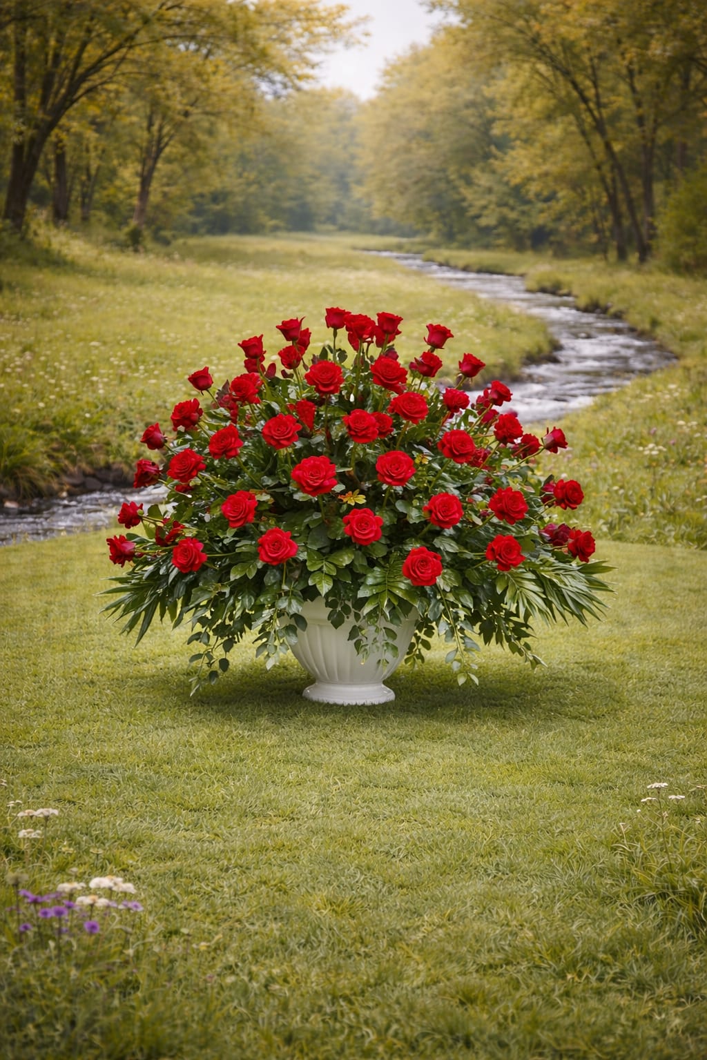 Large urn arrangement of red roses with abundant foliage displayed outdoors by a stream