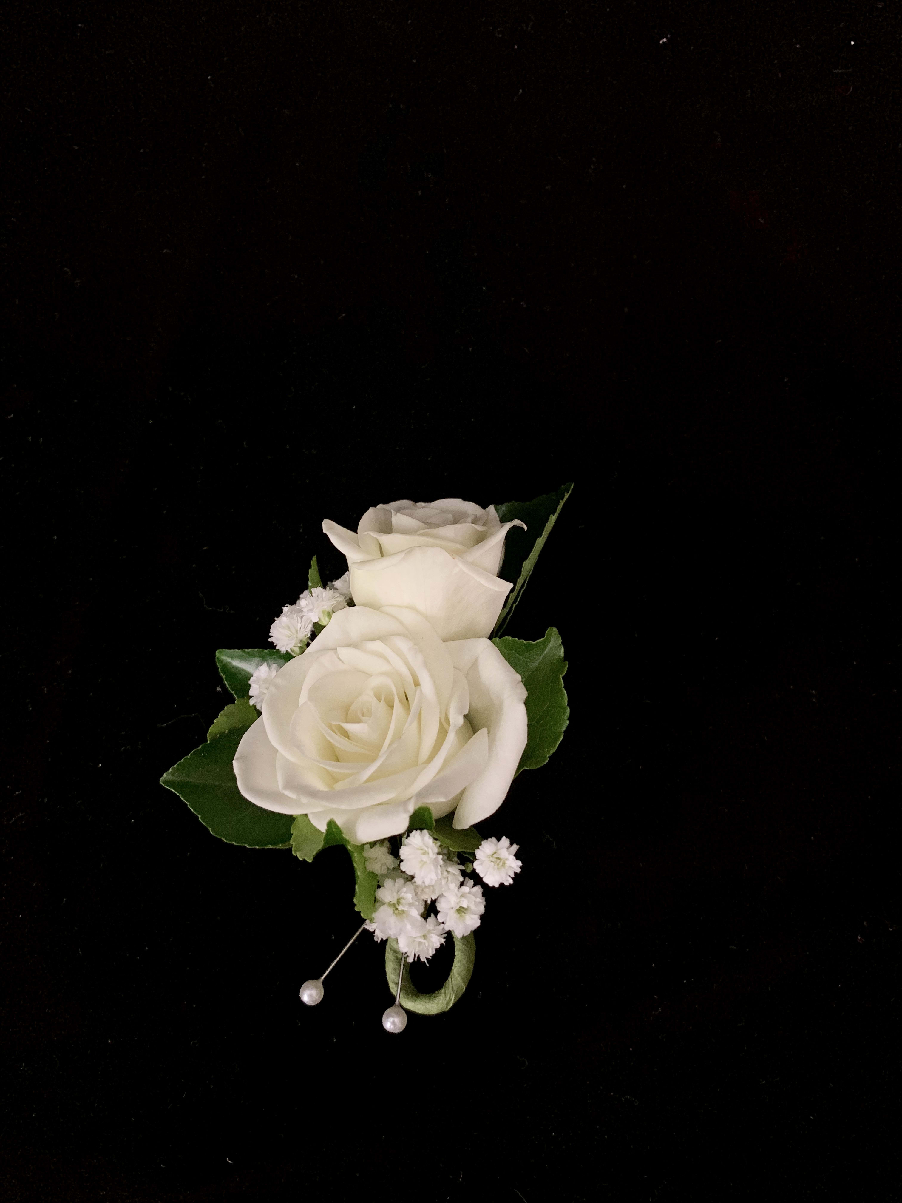 Sweetheart Rose Boutonniere - A petite boutonniere featuring two sweetheart roses, pictured in white, but available in other colors. Please call us to place your order if pick up is within next 48 hours. Phone: 703-356-9377
