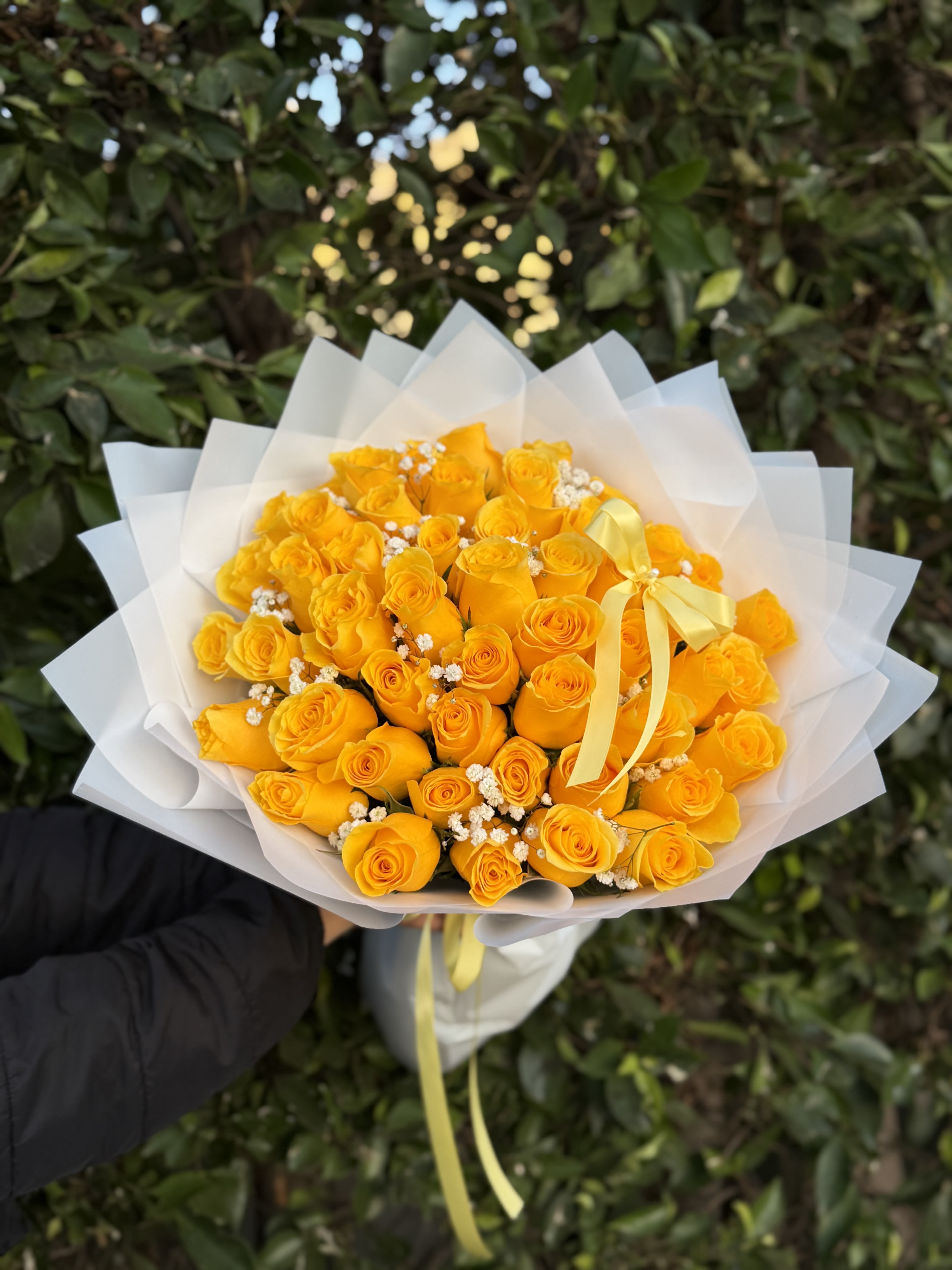 Golden Glow- Signature - A beautifully gathered wrapped handheld bouquet of premium yellow roses, thoughtfully arranged for a full, rounded look. Accented with delicate filler blooms and tied with a soft ribbon, this piece embodies effortless luxury and golden-hour warmth.
