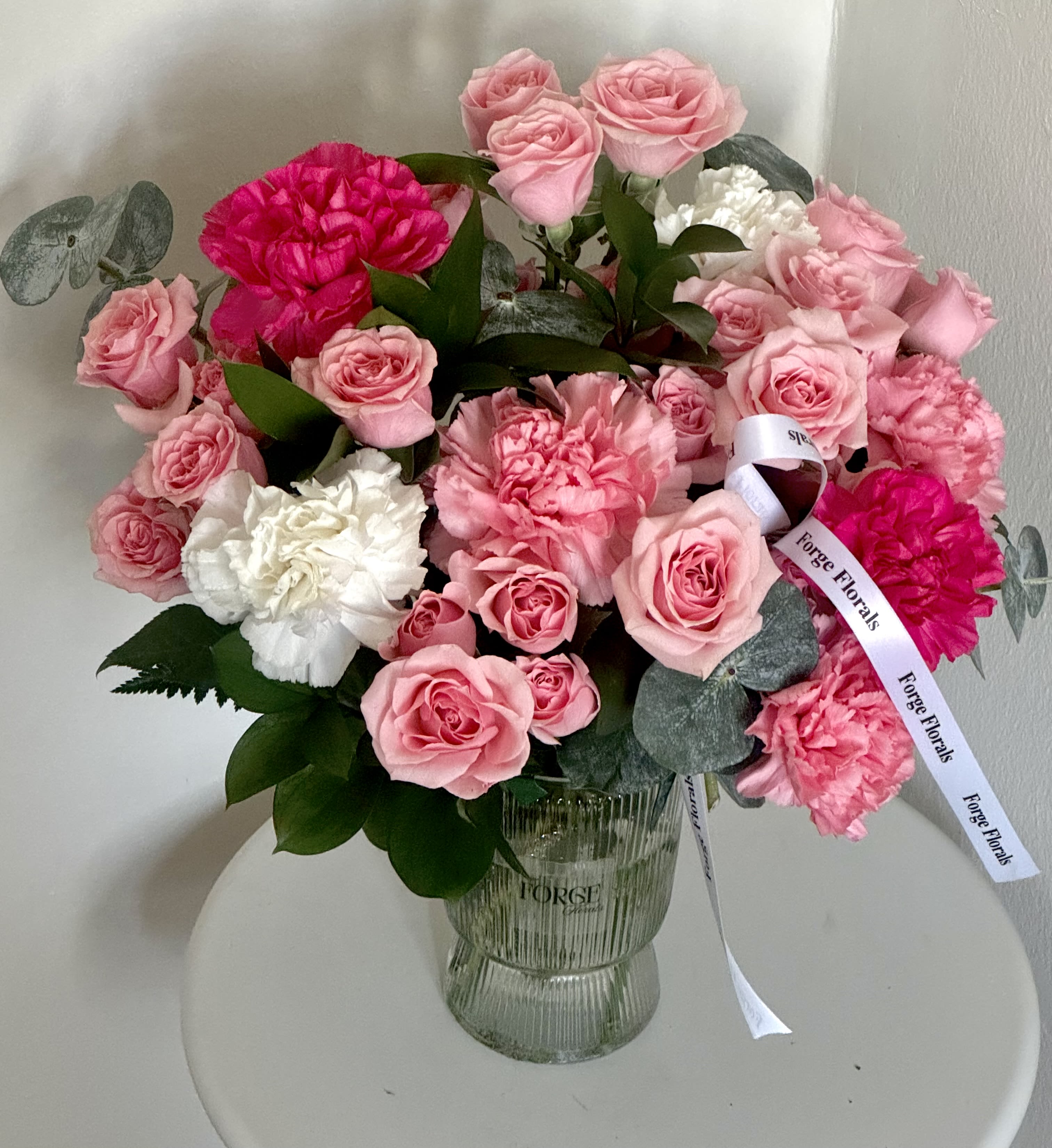June vase-Mini roses, Eucaliptus,Diantus - Cute vase with pink flowers! 
