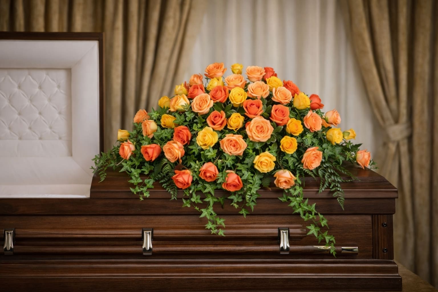 Beautiful Rose Benediction Casket Spray  - The Beautiful Roses Benediction Casket Spray from FloralFabulous is a radiant and heartfelt tribute designed to celebrate a life filled with love, warmth, and cherished memories. This elegant arrangement features a lush collection of vibrant orange and yellow roses, beautifully arranged with flowing greenery for a soft, cascading effect.  The warm tones of orange and yellow symbolize love, friendship, remembrance, and the celebration of a life well lived. Designed to rest gracefully atop the casket, this spray creates a beautiful and meaningful focal point during funeral and memorial services.  The Beautiful Roses Benediction Casket Spray is an ideal choice for families who wish to honor their loved one with a tribute that reflects positivity, warmth, and lasting memories. Its full, rich design offers comfort and support while expressing a heartfelt message of sympathy.  FloralFabulous proudly provides funeral flower delivery and casket sprays in Round Rock, TX and the greater Austin area, helping families express love, remembrance, and heartfelt support during life’s most difficult moments.