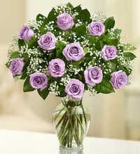 Lavender Dozen Rose Elegance Vase - A classic and charming arrangement featuring one dozen stunning purple roses, beautifully displayed in a spring vase. Accented with delicate baby’s breath or white asters for a soft, airy touch, and complemented by fresh greens for added fullness and texture. This timeless design offers a perfect balance of elegance and sweetness, making it ideal for any occasion