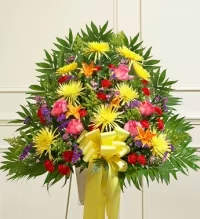 Spring Harmony Basket - A bright and cheerful basket arrangement celebrating the fresh colors of spring. This vibrant design features pink roses, red mini carnations, purple statice, yellow spider mums, orange lilies, and green mums, all accented with lush fresh greens and finished with a sunny yellow bow. Perfect for bringing warmth, happiness, and a touch of seasonal beauty to any occasion.