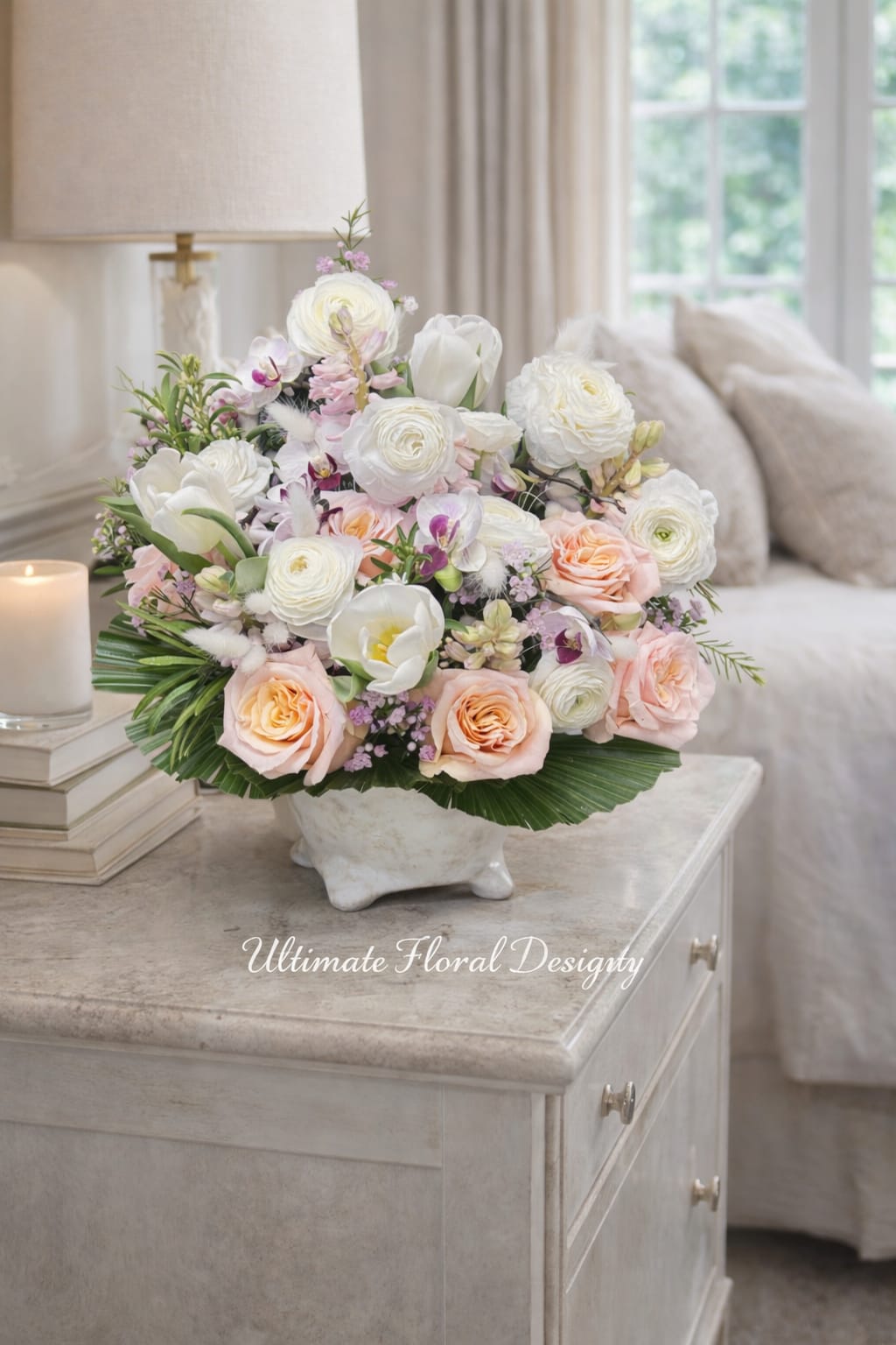 Blush Garden Serenity - A lush, pastel centerpiece arranged low in a white ceramic footed bowl, this flower arrangement is a soft, romantic choice for an anniversary bouquet, Mother's Day gift, get well wishes, or a comforting sympathy piece. The rounded clusters of white ranunculus and peach roses create an immediate sense of warmth and tenderness, while soft pink blooms and white tulips lift the composition so the person you're thinking of feels both soothed and celebrated.  The design includes white ranunculus, peach roses, soft pink flowers, white tulips, small purple phalaenopsis orchid blossoms, stock, and a collar of structured green leaves that frame the base, giving layered texture and gentle contrast. Sized to sit gracefully on a nightstand or bedside table, the low white ceramic footed bowl keeps the arrangement intimate and easy to place near a candle or lamp for a calm, personal vignette.  Perfect for someone who deserves a quiet, elegant reminder of your care, this arrangement reads as thoughtful without being overwhelming-ideal for close moments at home. Arrange in a cool spot away from direct sunlight and change the water as needed to keep blooms fresh; the compact footprint makes it simple to position on bedside tables, mantels, or small dining tabletops.