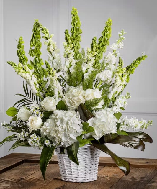 White Garden Basket - Out White Garden Sympathy Basket features the finest fresh seasonal varieties including hydrangea, snapdragons, larkspur, Ecuadorian Mountain roses, exotic orchids, and lush seasonal foliage in our signature wicker basket.  Our arrangements are unique, custom gifts designed by hand. Mother Nature changes our farm-fresh inventory every morning; to assure your gift is fresh and gorgeous our artists may need to make substitutions but will capture the color &amp; style of your selection to deliver a "WOW" for your recipient. 