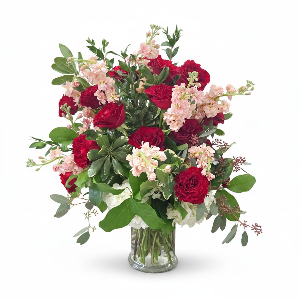 "Coming up Roses" custom design by The Impeccable Poppy - 12 gorgeous heart roses with pink Stock. Garden style, for any special occasion...or just because. 