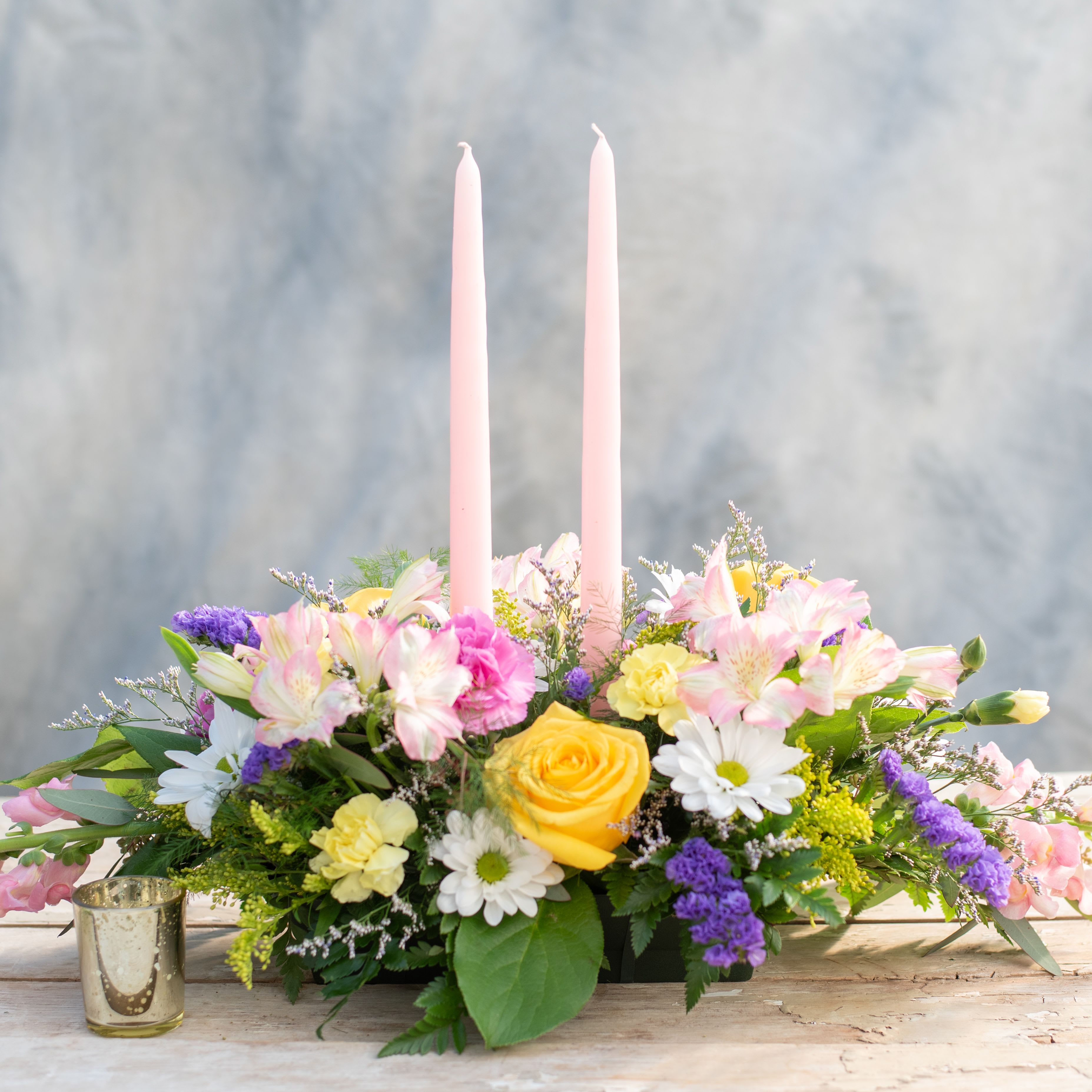 Easter Centerpiece - Long and Low - Lovely long and low centerpiece topped with two taper candles. Perfect for your holiday table seating 8 or more